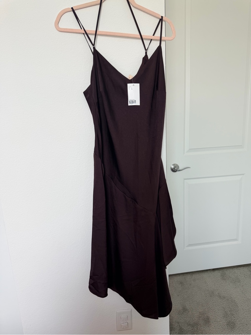 H&M Asymmetrical Satin Slip Dress in Dark Brown